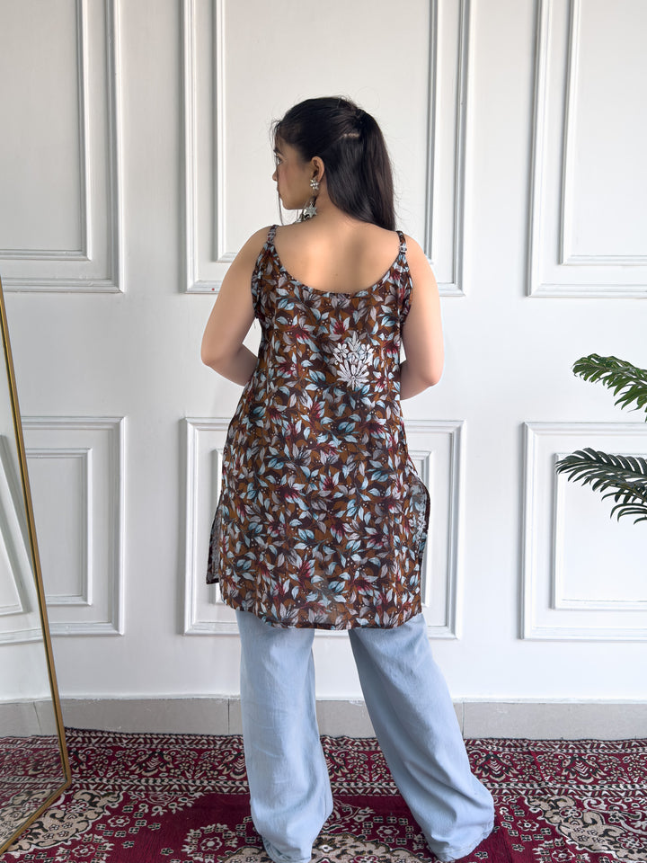 Juhi Chikankari Mulmul Strappy Short Kurti