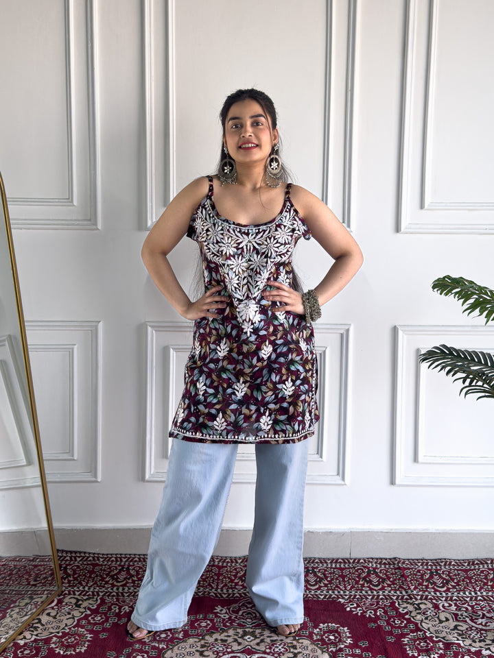 Juhi Chikankari Mulmul Strappy Short Kurti