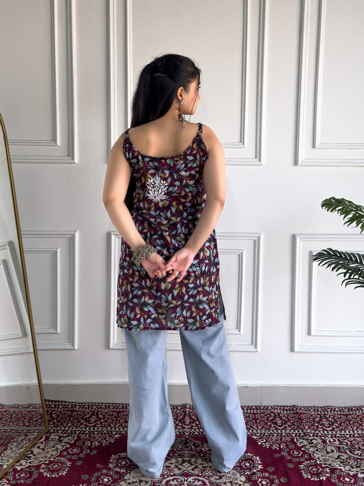 Juhi Chikankari Mulmul Strappy Short Kurti
