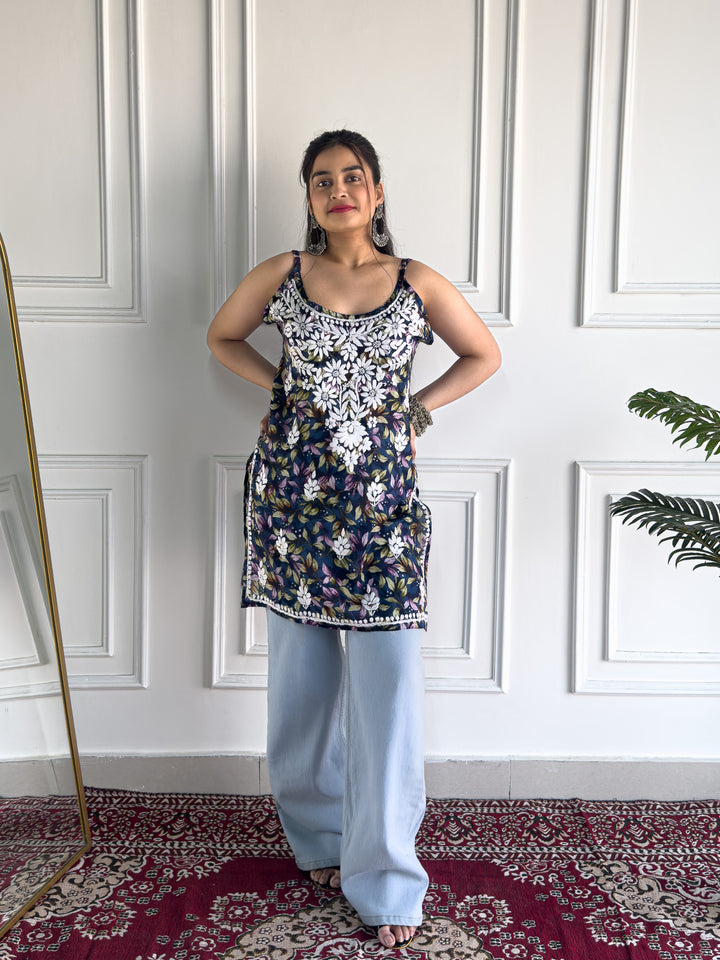 Juhi Chikankari Mulmul Strappy Short Kurti