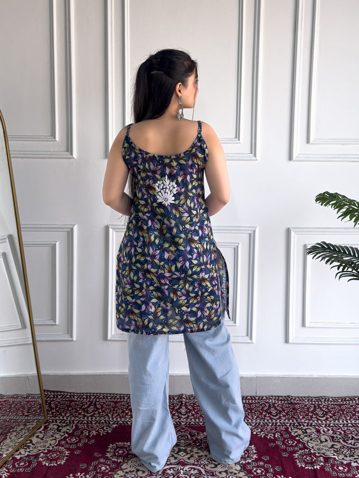 Juhi Chikankari Mulmul Strappy Short Kurti