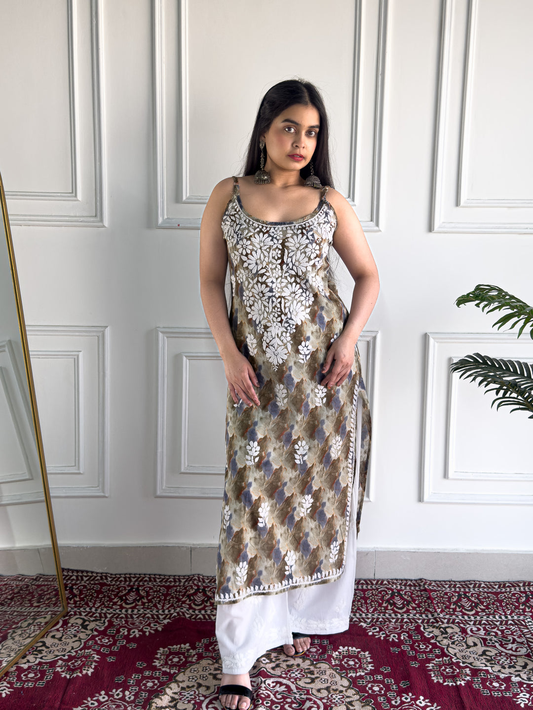 Chitra Mulmul Chikankari Strappy Straight Kurta