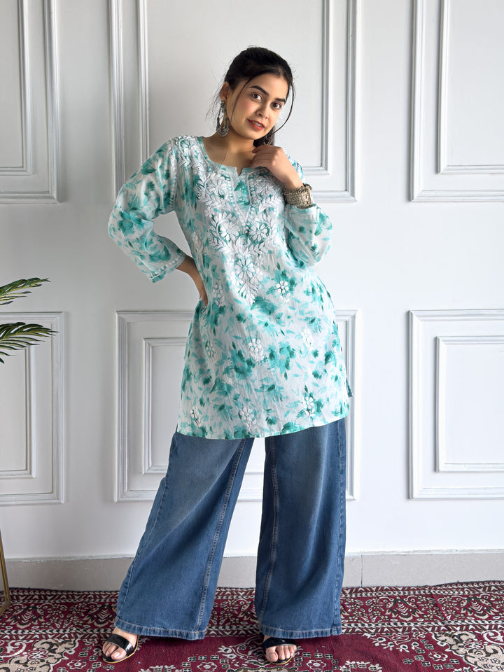 Vini Mulmul Print Chikankari Short Kurti