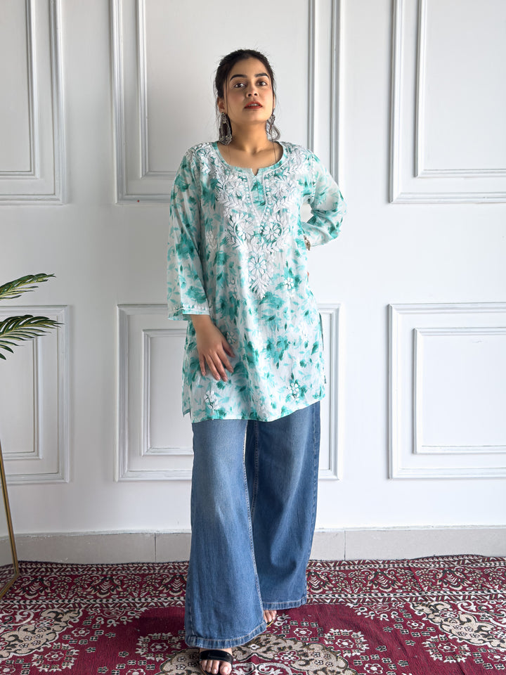 Vini Mulmul Print Chikankari Short Kurti