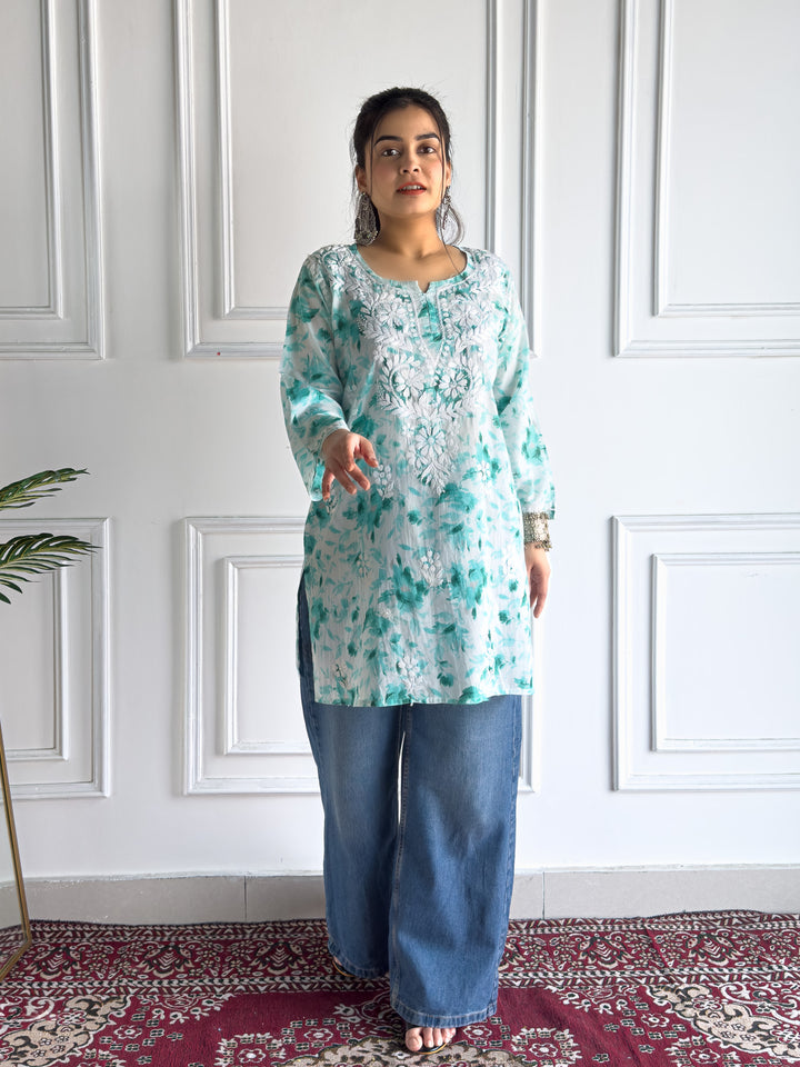 Vini Mulmul Print Chikankari Short Kurti