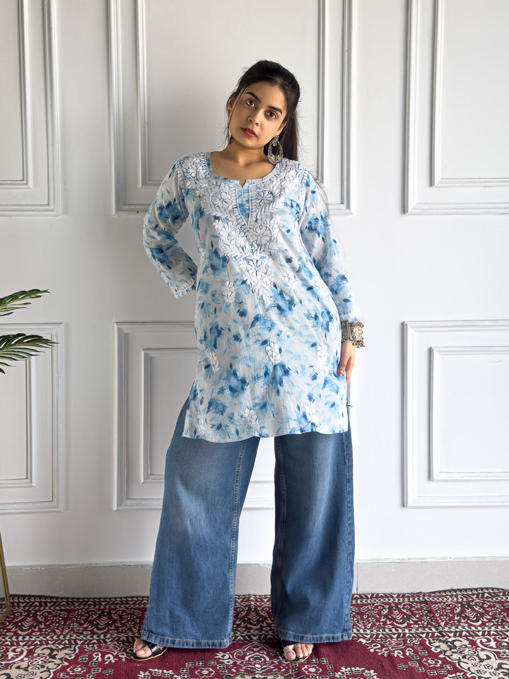 Vini Mulmul Print Chikankari Short Kurti