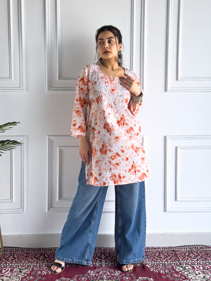 Vini Mulmul Print Chikankari Short Kurti