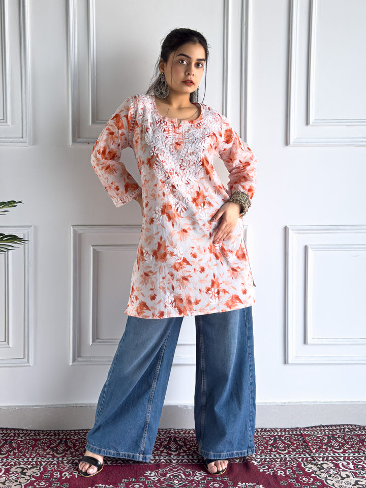 Vini Mulmul Print Chikankari Short Kurti