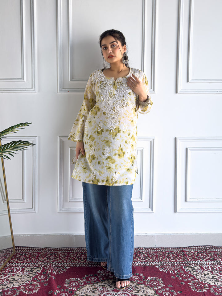 Vini Mulmul Print Chikankari Short Kurti