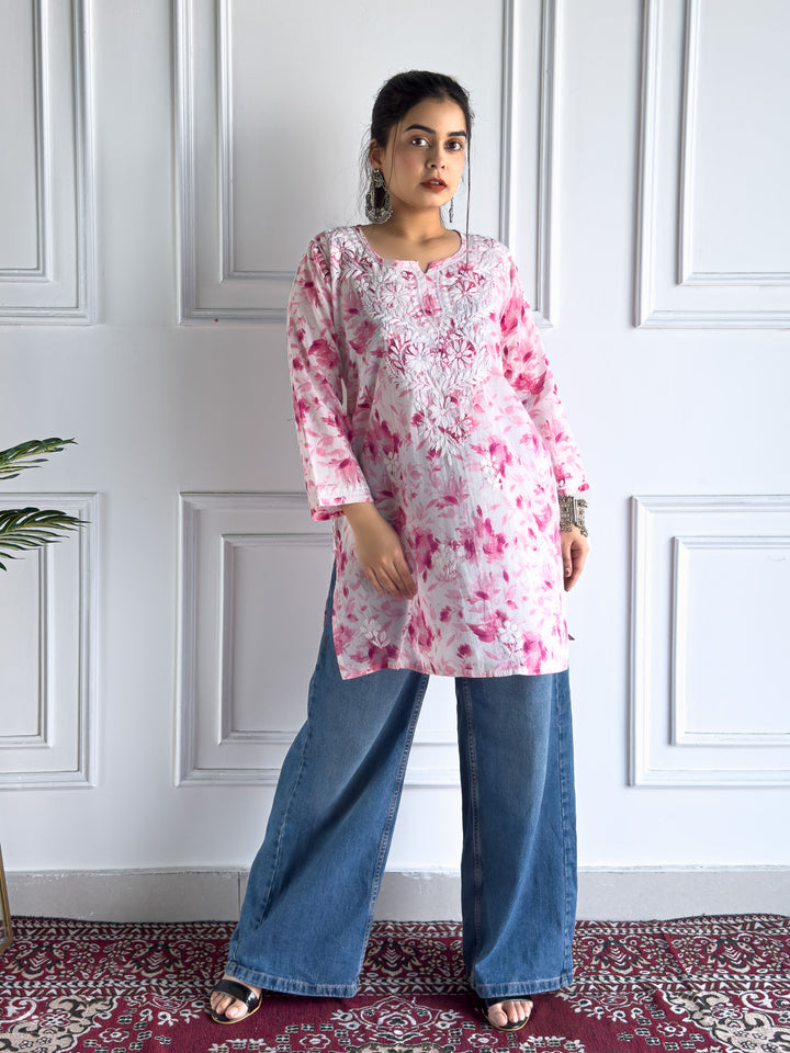 Vini Mulmul Print Chikankari Short Kurti