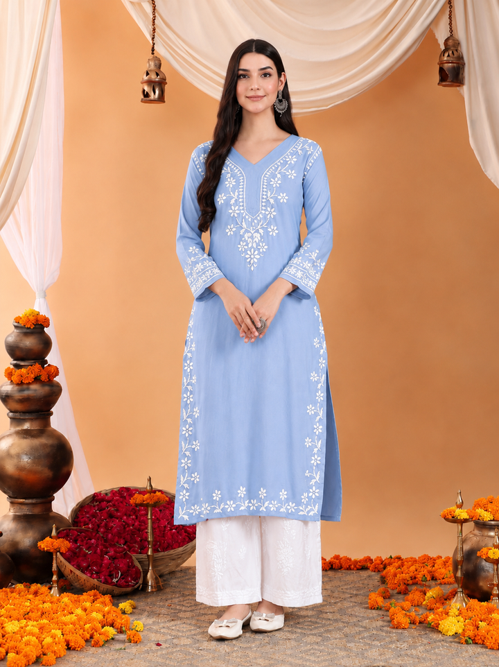 Maya Chikankari Rayon V-neck Straight Kurta