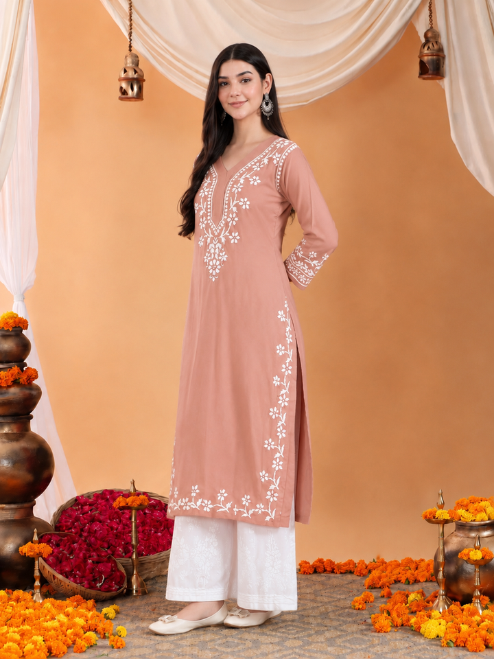 Maya Chikankari Rayon V-neck Straight Kurta