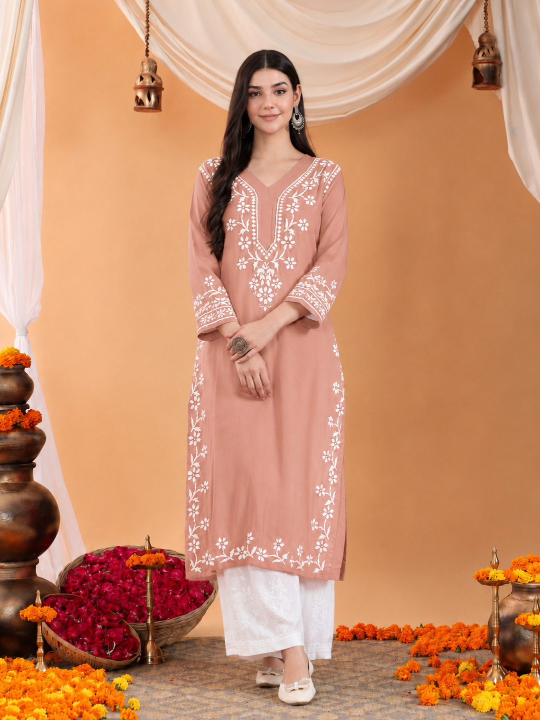 Maya Chikankari Rayon V-neck Straight Kurta