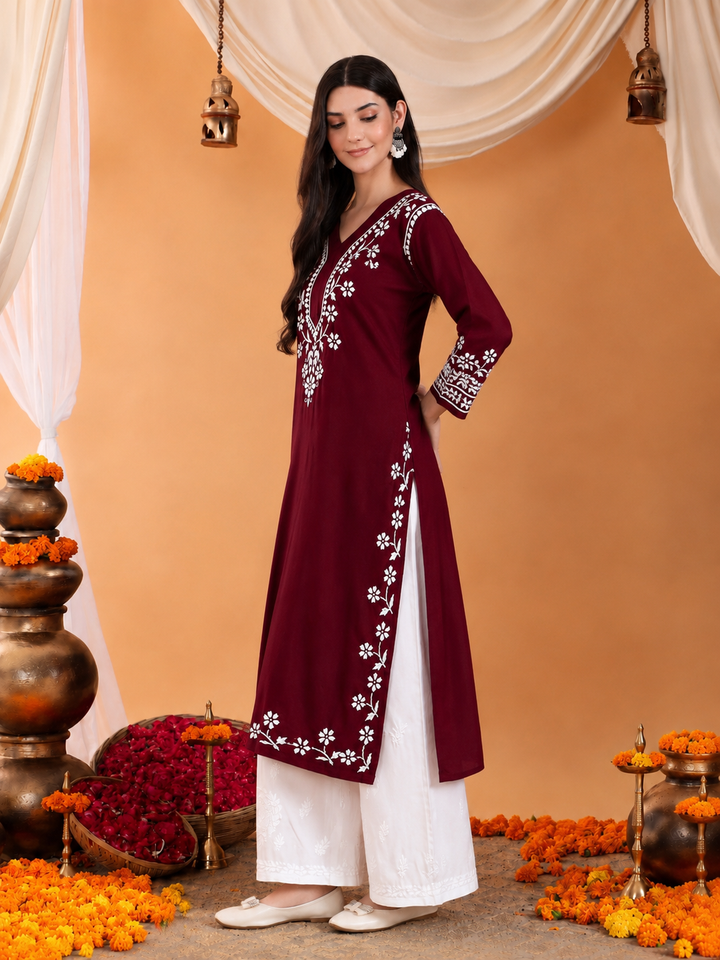 Maya Chikankari Rayon V-neck Straight Kurta