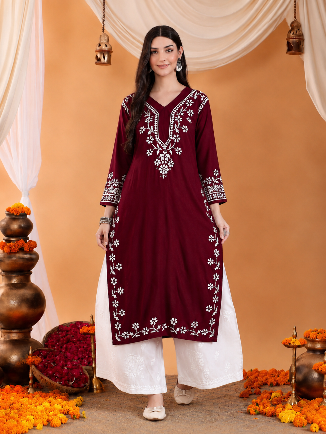 Maya Chikankari Rayon V-neck Straight Kurta