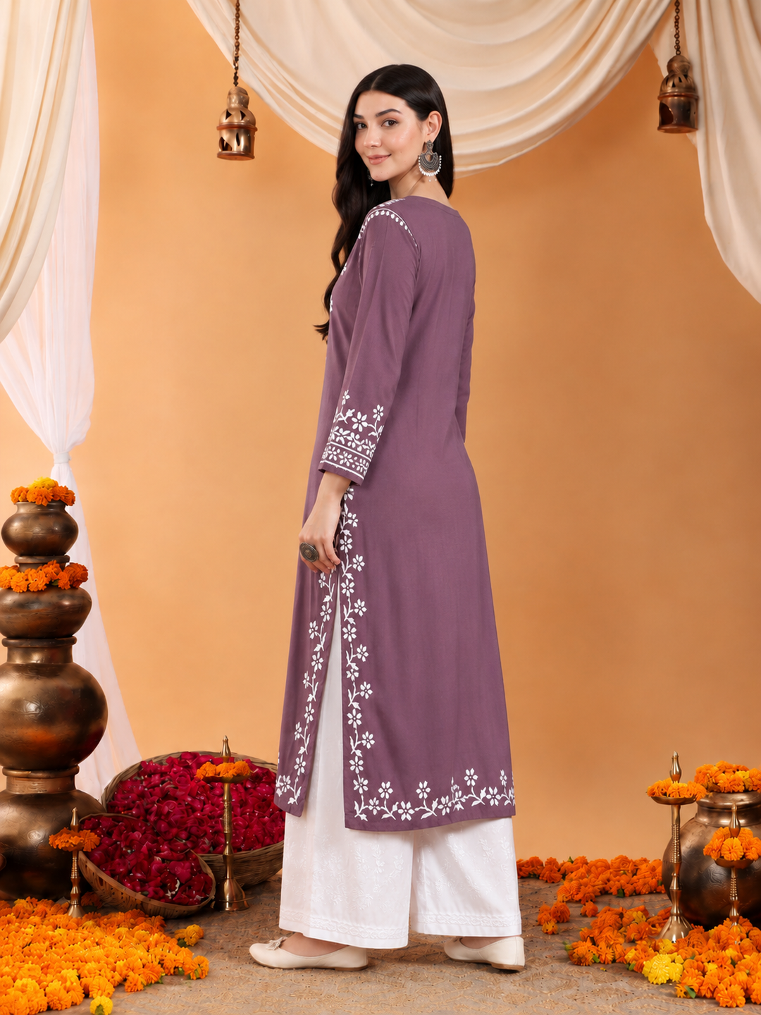 Maya Chikankari Rayon V-neck Straight Kurta
