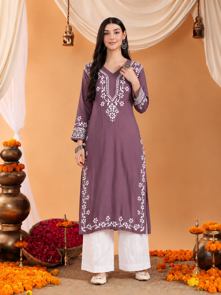 Maya Chikankari Rayon V-neck Straight Kurta