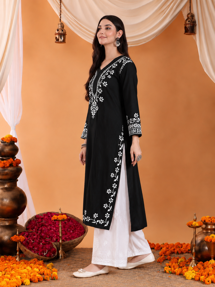 Maya Chikankari Rayon V-neck Straight Kurta