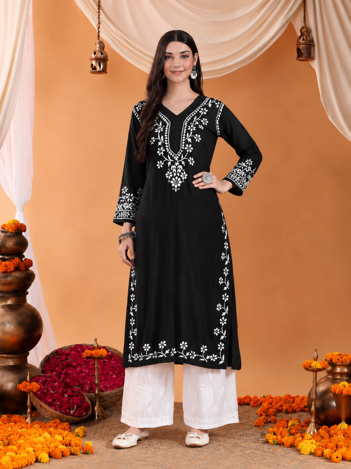 Maya Chikankari Rayon V-neck Straight Kurta