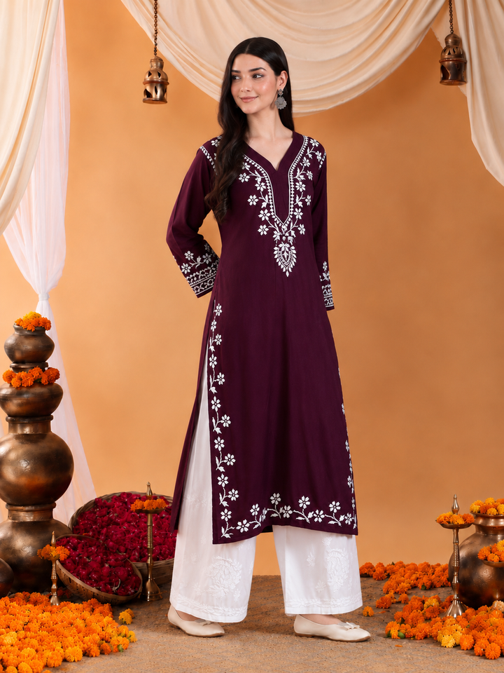 Maya Chikankari Rayon V-neck Straight Kurta