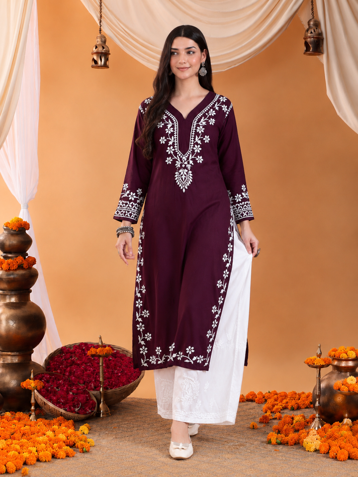Maya Chikankari Rayon V-neck Straight Kurta