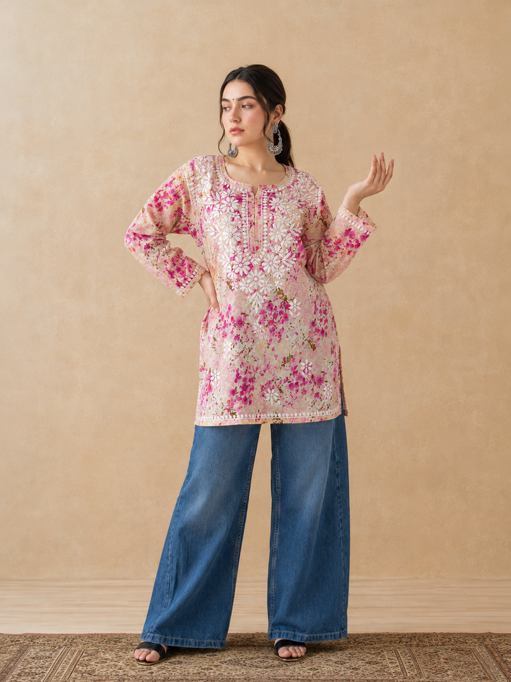 Kavya Mulmul Print Chikankari Short Kurti