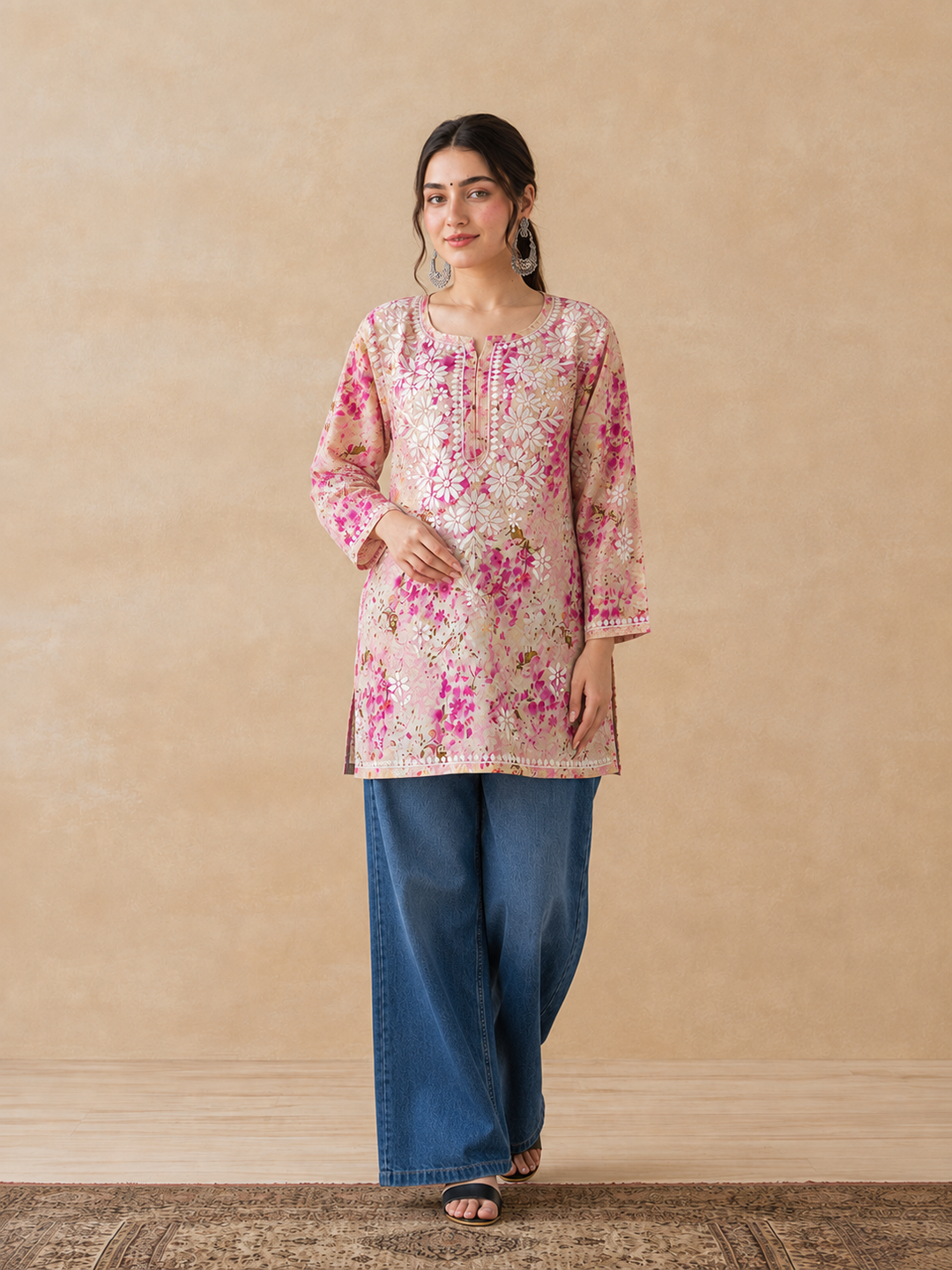 Kavya Mulmul Print Chikankari Short Kurti