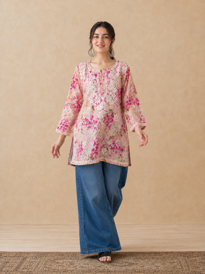 Kavya Mulmul Print Chikankari Short Kurti