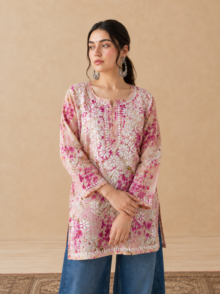 Kavya Mulmul Print Chikankari Short Kurti