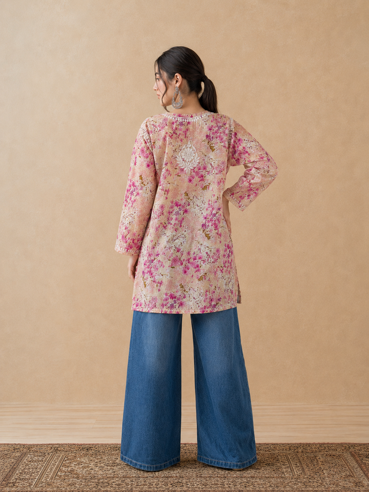 Kavya Mulmul Print Chikankari Short Kurti