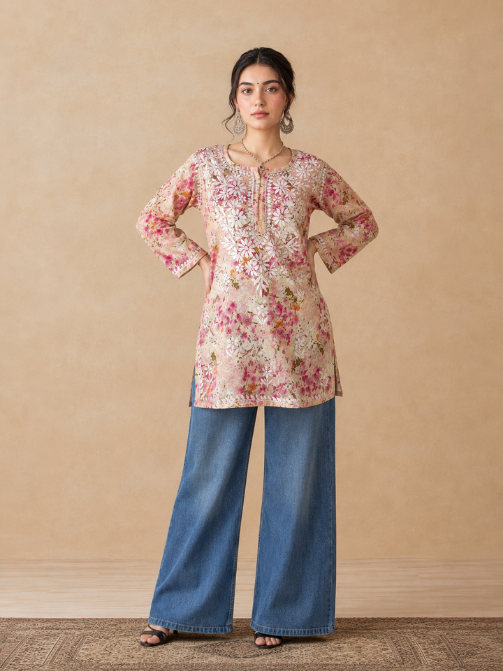 Kavya Mulmul Print Chikankari Short Kurti