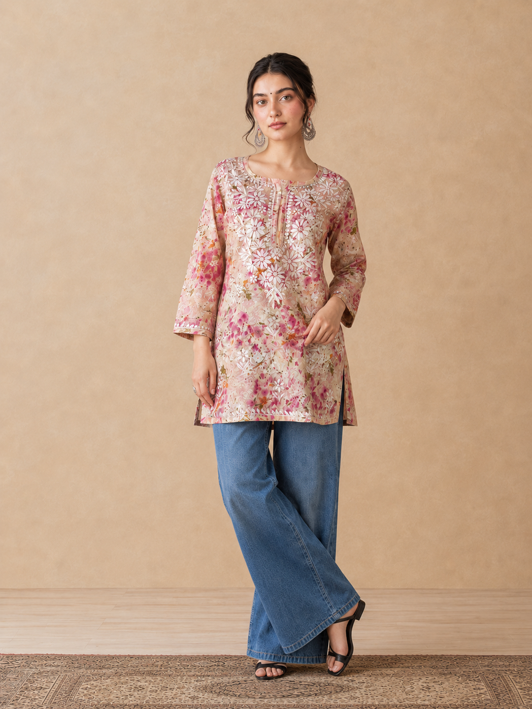 Kavya Mulmul Print Chikankari Short Kurti