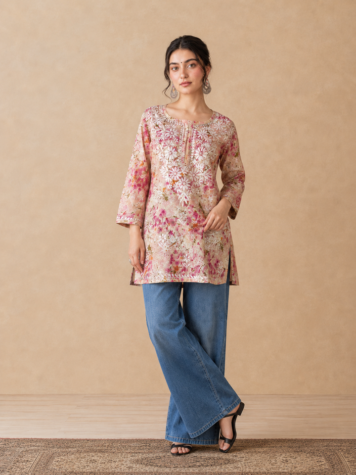 Kavya Mulmul Print Chikankari Short Kurti