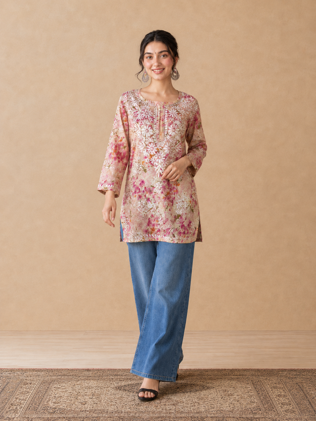Kavya Mulmul Print Chikankari Short Kurti