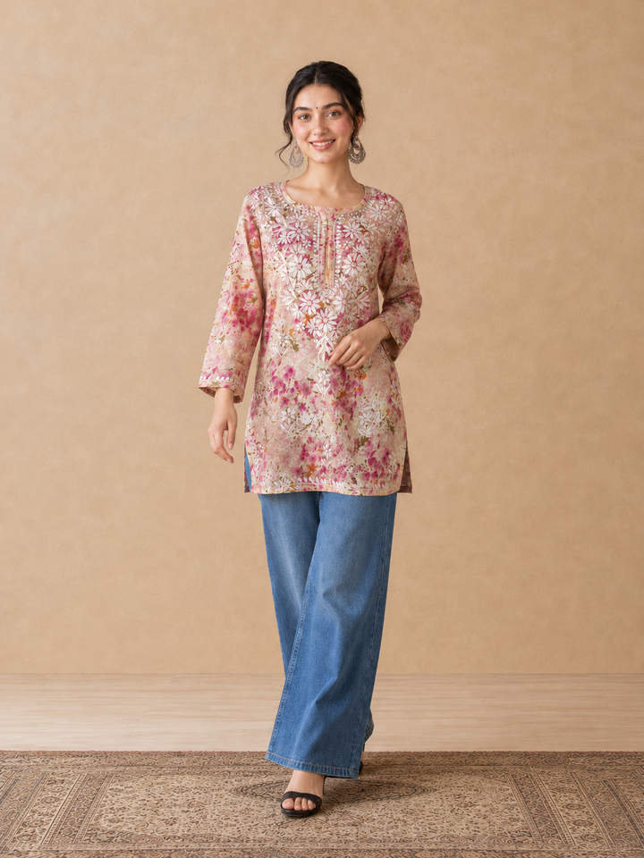 Kavya Mulmul Print Chikankari Short Kurti