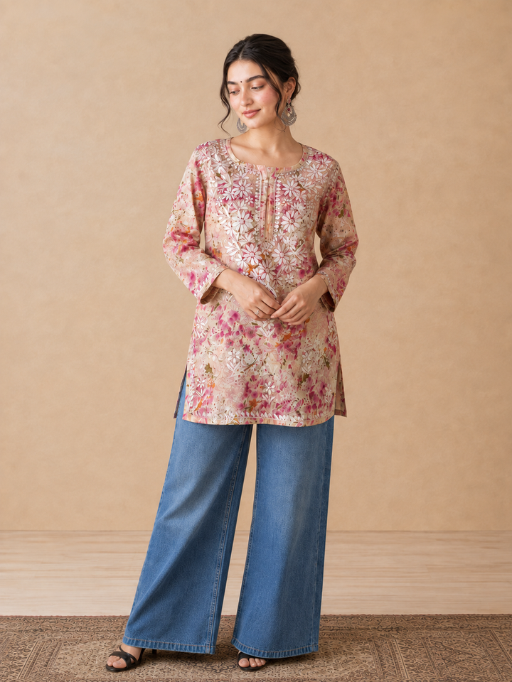 Kavya Mulmul Print Chikankari Short Kurti