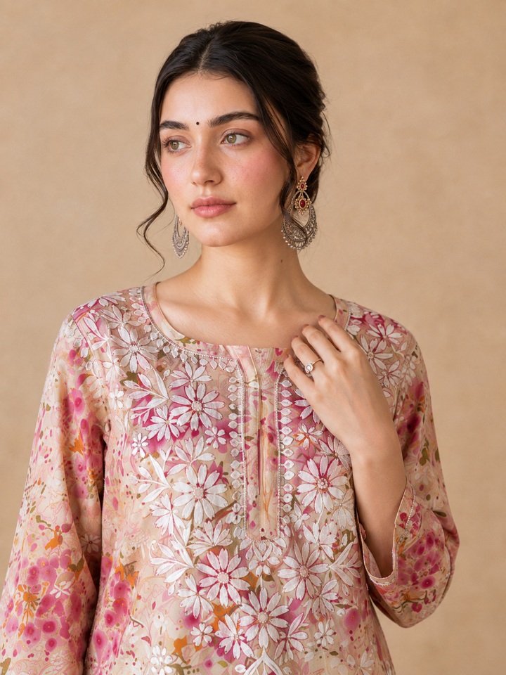 Kavya Mulmul Print Chikankari Short Kurti