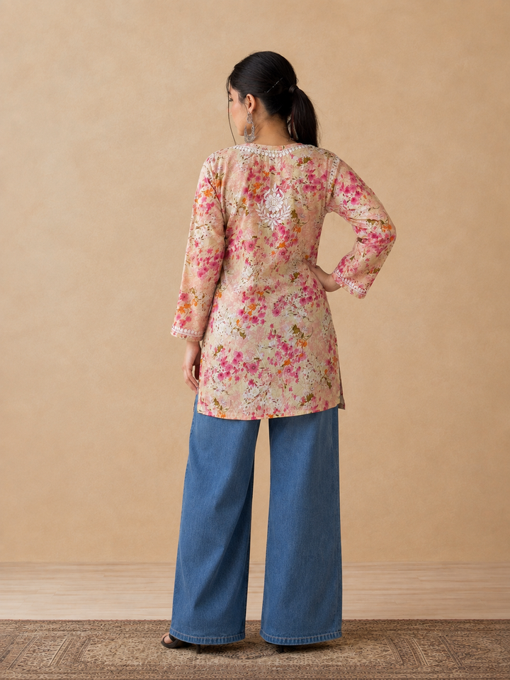 Kavya Mulmul Print Chikankari Short Kurti