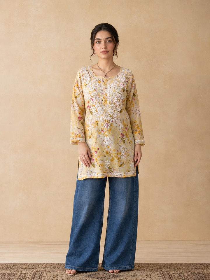 Kavya Mulmul Print Chikankari Short Kurti