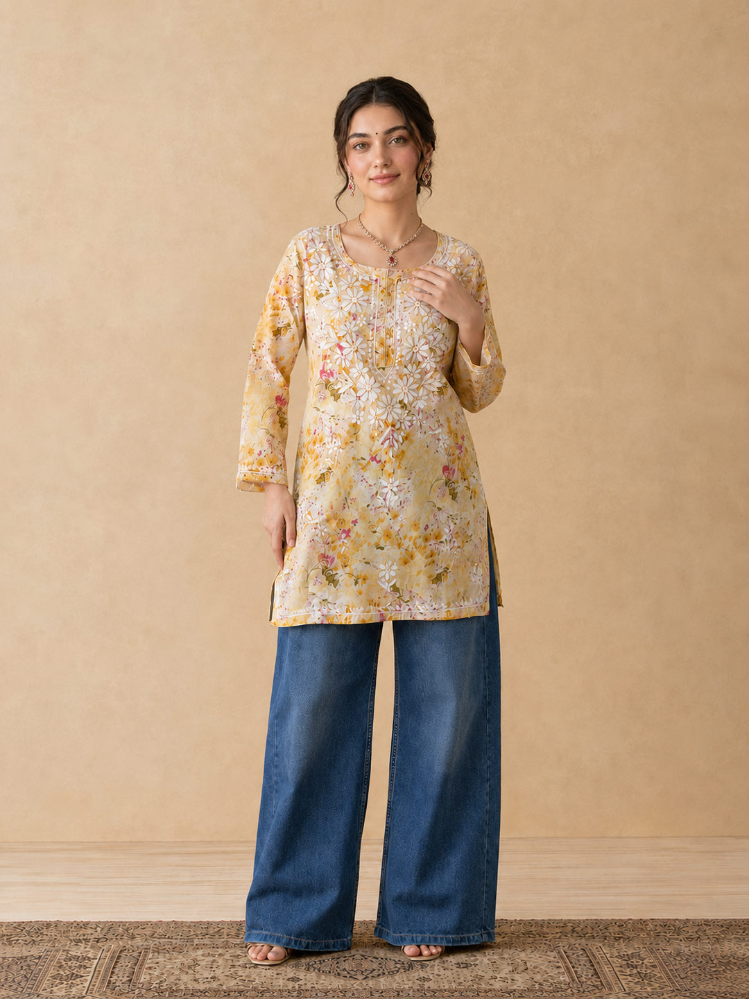 Kavya Mulmul Print Chikankari Short Kurti