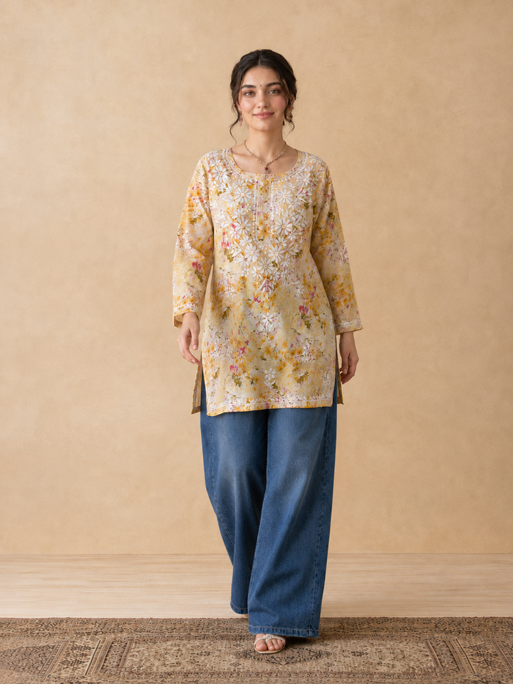 Kavya Mulmul Print Chikankari Short Kurti
