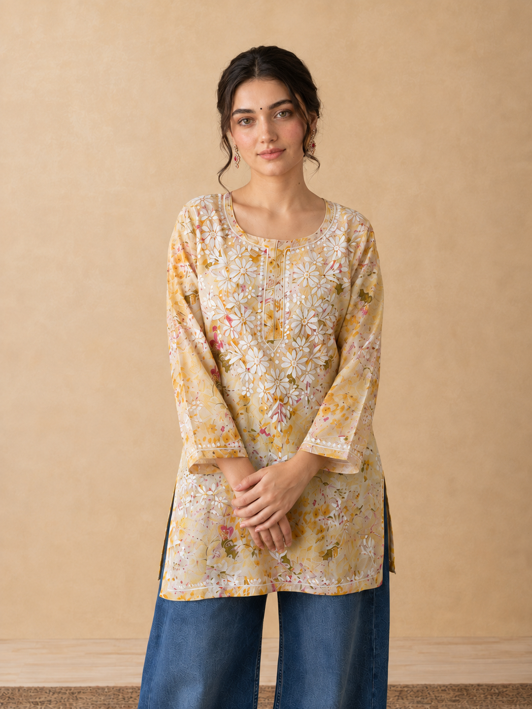 Kavya Mulmul Print Chikankari Short Kurti