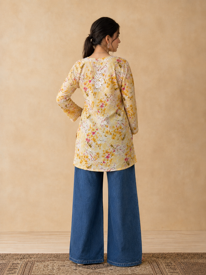 Kavya Mulmul Print Chikankari Short Kurti