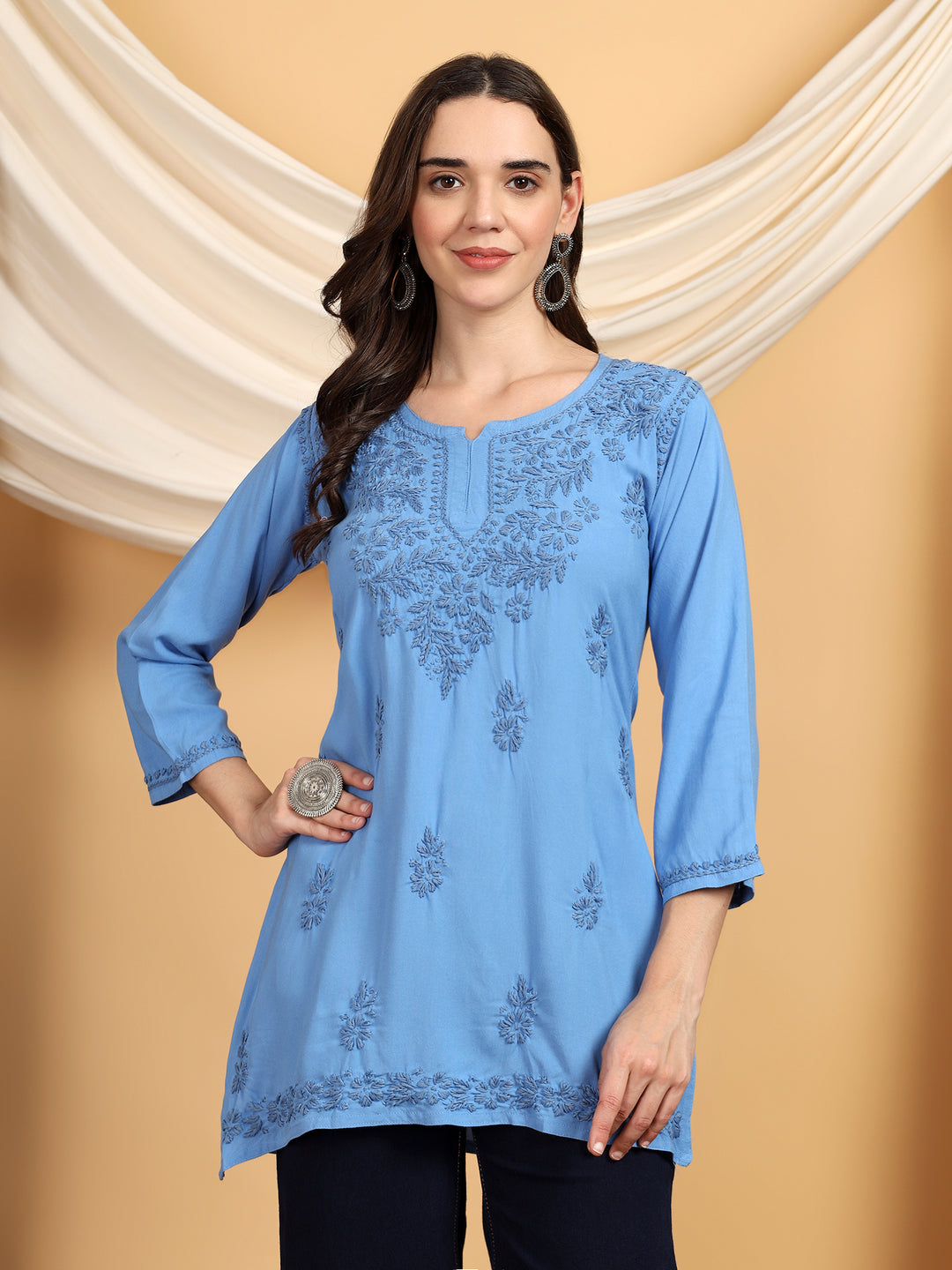 Akira Chikankari Rayon Short Kurti Poshak Chikan Studio