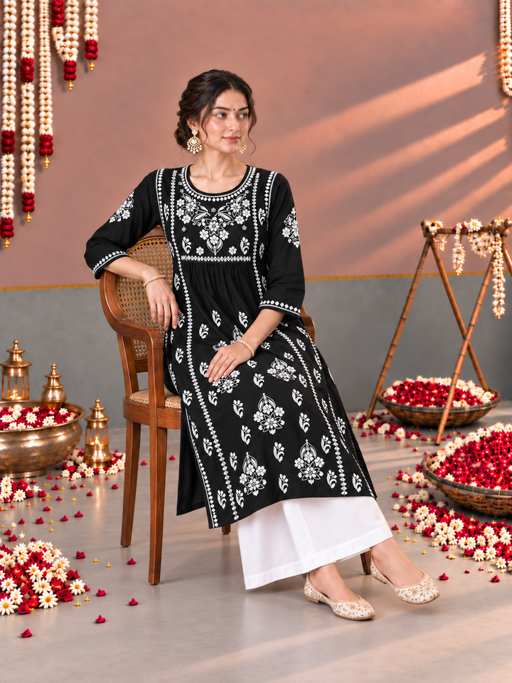 Sonia Chikankari Rayon Nyra-Cut Kurta