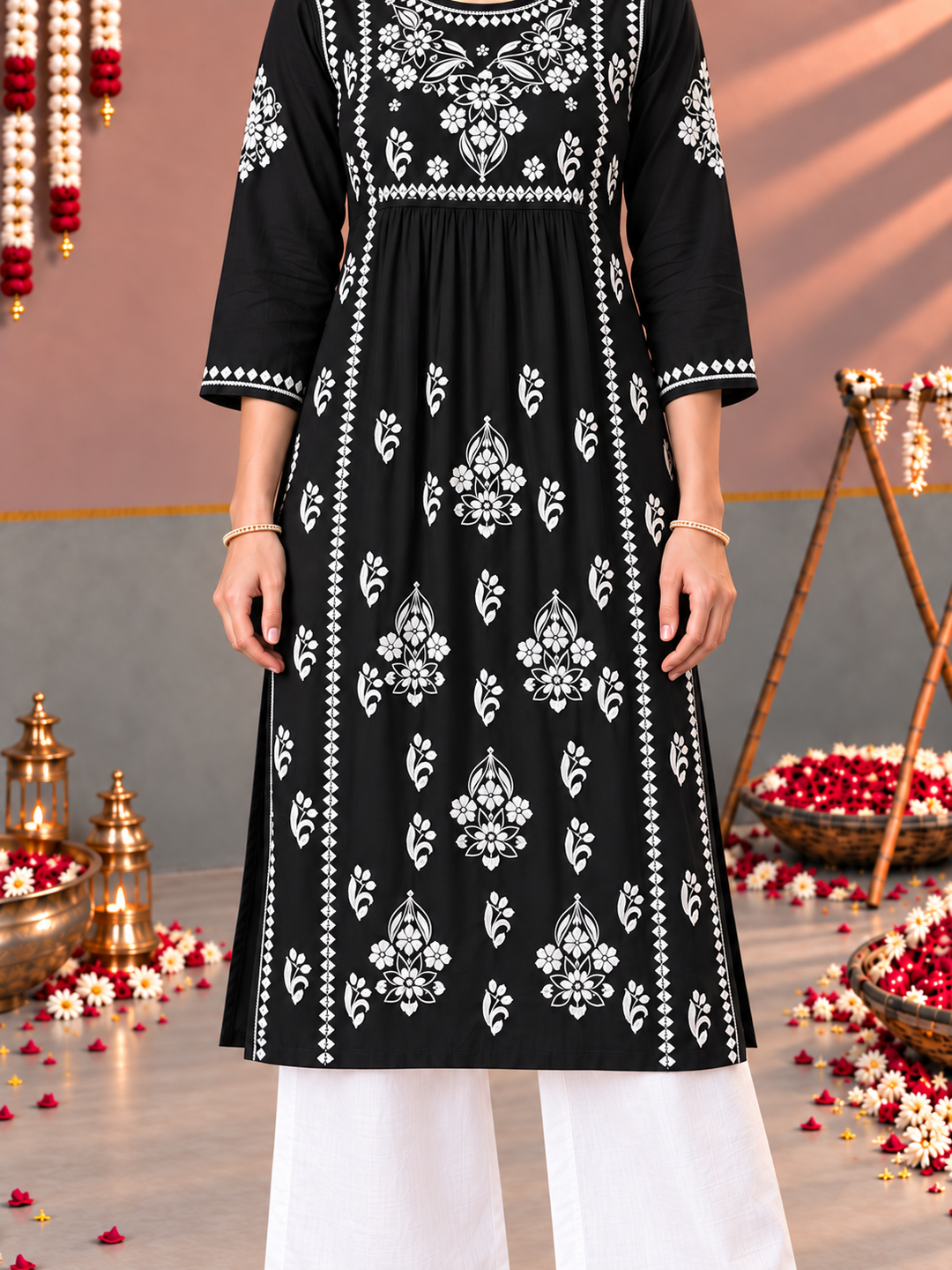Sonia Chikankari Rayon Nyra-Cut Kurta