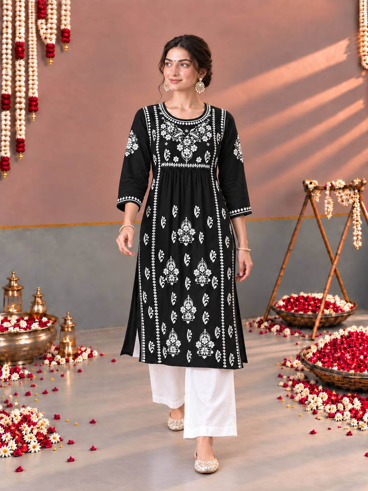 Sonia Chikankari Rayon Nyra-Cut Kurta
