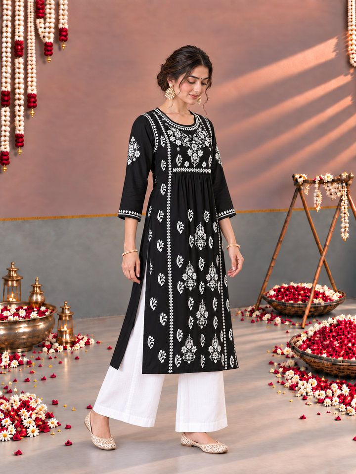 Sonia Chikankari Rayon Nyra-Cut Kurta