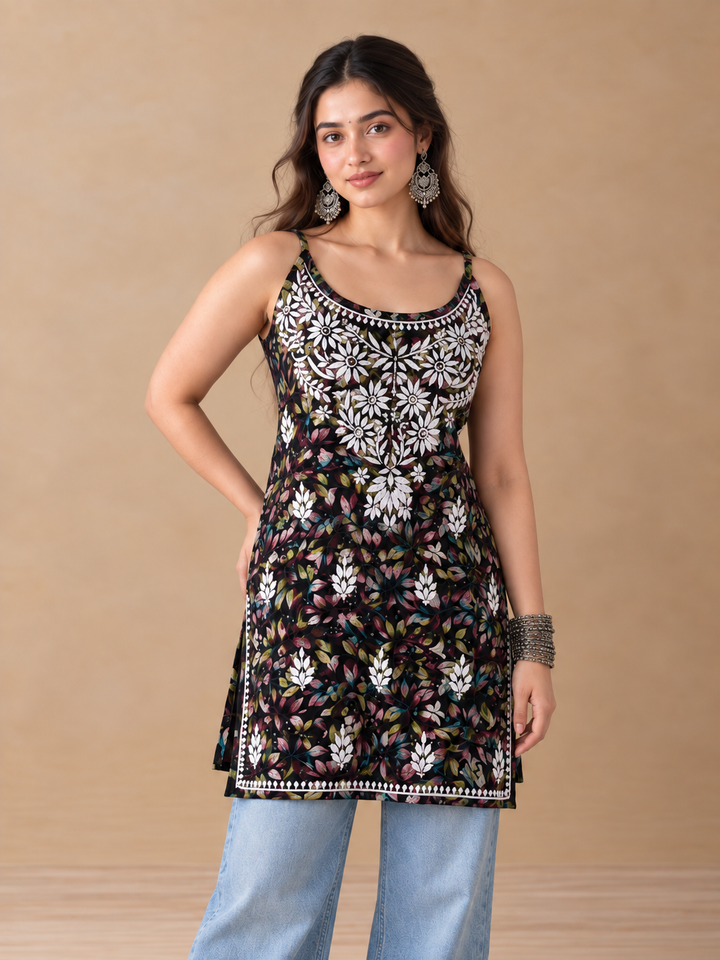 Juhi Short Mulmul Chikankari Strappy Kurti for Women