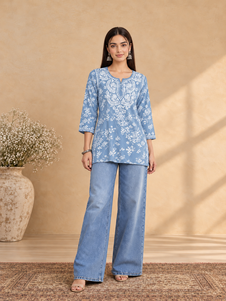 Zeba Chikankari Mulmul Short Kurti